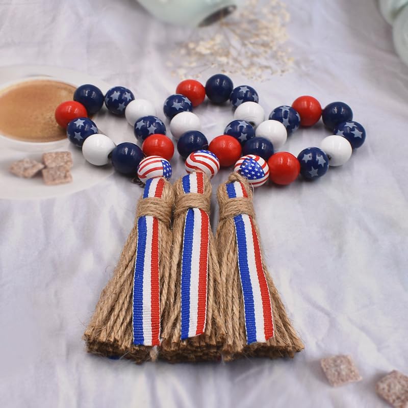 Patriotic Wood Bead Napkin Rings Set of 6 - Independence Day Home Decor