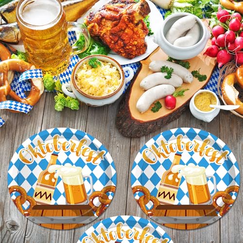 Oktoberfest Paper Plate Set - Blue & White Beer Theme Disposable Party Plates