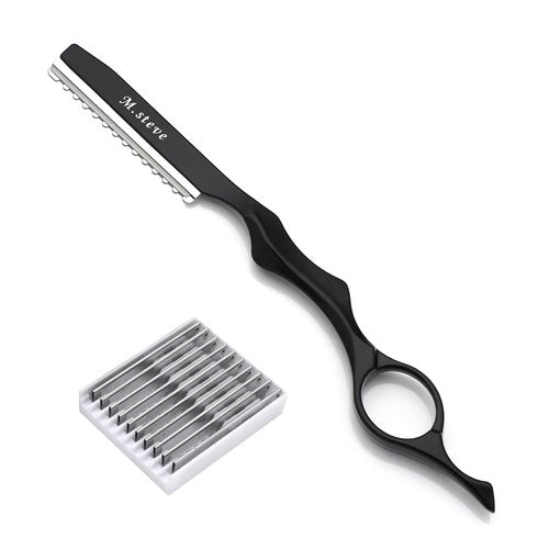 M.steve Hair Razors For Cutting Hair 6.89",Professional Styling Thinning Texturizing Cutting Razor with Replacement Blades,Ideal for Salon/Home -11PCS Black