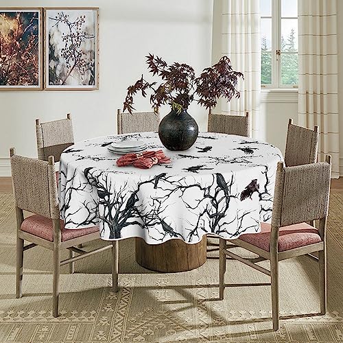 Halloween Round Tablecloth 60x60 Inch Crow Tree Design Black