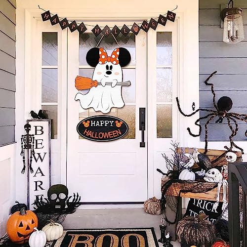 Halloween Ghost Mouse Wooden Hanging Sign for Front Door - Large Spooky Decor