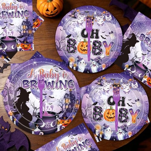 Halloween Baby Shower Decorations 96PCS Tableware Set - Black Pink Gender Reveal