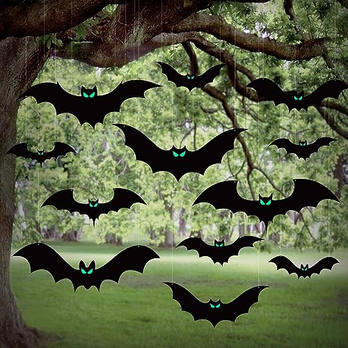 Halloween Hanging Bat Decorations Set - Waterproof Outdoor Flying Bats with Glowing Eyes, 16 Pack
