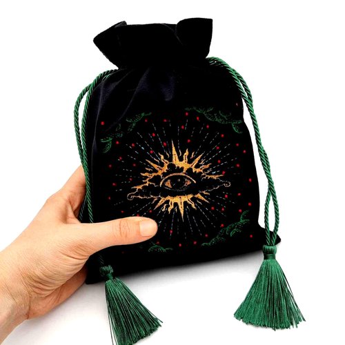 La Muci Black Velvet Pouch for Tarot Decks, Oracle Cards and Crystals, Embroidered Mystical Makeup Bag, Soft Velvet Cosmetic Pouch, Travel Organizer Storage Bag with Tassel