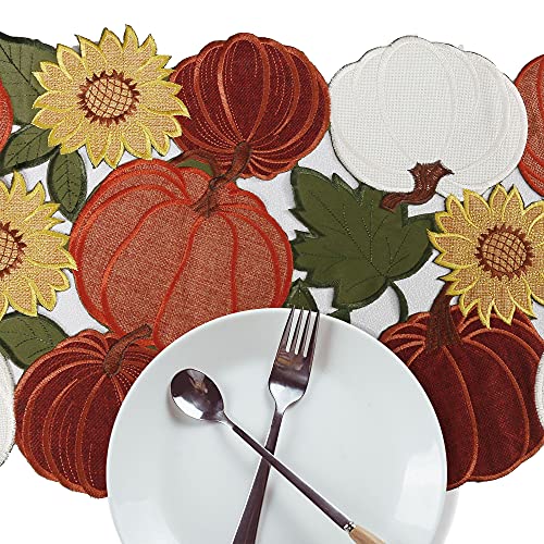 OWENIE Fall Thanksgiving Table Runner 13x90 Inch Embroidered Pumpkins Leaves Sunflowers - Autumn Home Decor