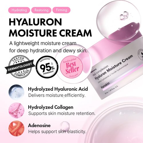 Hanskin Hyaluron Moisture Cream - Hydrating Korean Cream for Glass Skin | Hyaluronic Acid & Niacinamide | Lightweight for Sensitive & Dry Skin | 1.69 fl oz