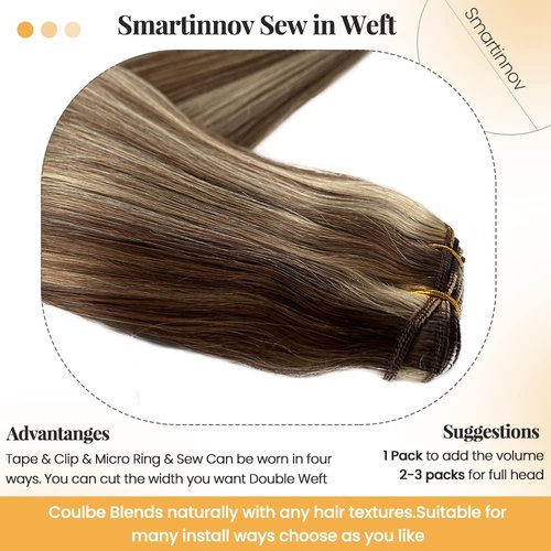 Smartinnov Ombre Blonde Hand Tied Weft Hair Extensions Brown with Blonde Highlights Human Hair Sew in Hair Extensions Silky Straight Double Weft 4/613 Blonde Balayage Bundles for Sew in 12 Inch 80G