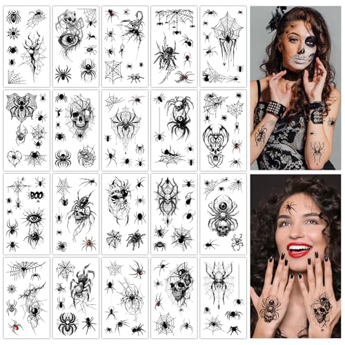 Halloween Spider Temporary Tattoos Set - 20 Sheets, Body & Face Art