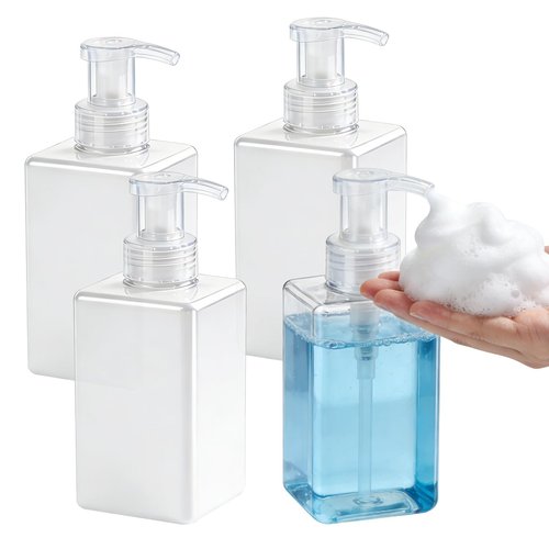 Foaming Soap Dispenser 15oz/450ml Clear Empty Foam Soap Dispensers, Square Refillable Plastic Foaming Hand Soap Dispenser Soap Pump for Liquid Soap, Shampoo, Body Wash(4 Pack)