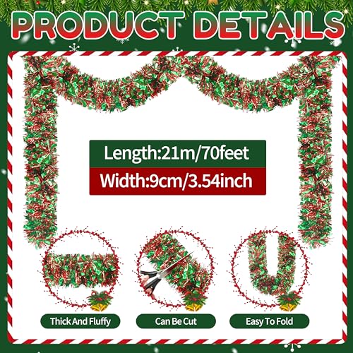 70 Ft Christmas Tinsel Garland - Metallic Twist Decor with Red & Green Variation