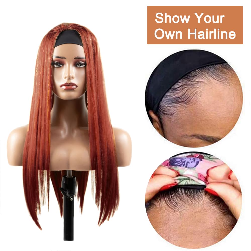 YiweYowe 22 Inch #33 Reddish Brown Headband Wig Human Hair 150% Density Grade 8A Unprocessed Brazilian Virgin Hairs Machine Made Auburn Brown Straight Headband Wig Human Hair None Lace Front Wig