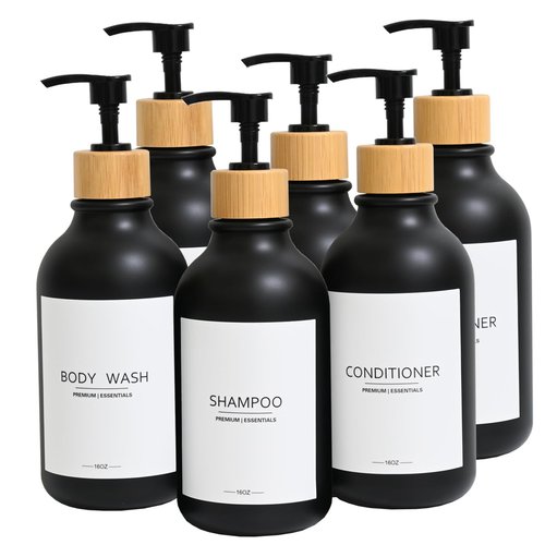 GlrYer Shampoo and Conditioner Frosted Bottles Bamboo Pump, Refillable Shampoo Empty Bottles for Lotion Oil Shower Soap Dispenser (6p-Black)