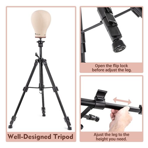 HYOUJIN Heavy Duty Wig Stand with Mannequin Head,Heavy Wig Stand Tripod Metal Adjustable Holder for Mannequin Head,Canvas Block Head with Wig Caps,T-PIN,C Needles,Clips,Carrying Bag, Rattail Comb(19.5"- 51.6")