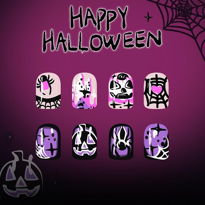 Halloween Press On Nails Short Square Purple Fake Nails with Pumpkin & Spider Design, 24 Pack