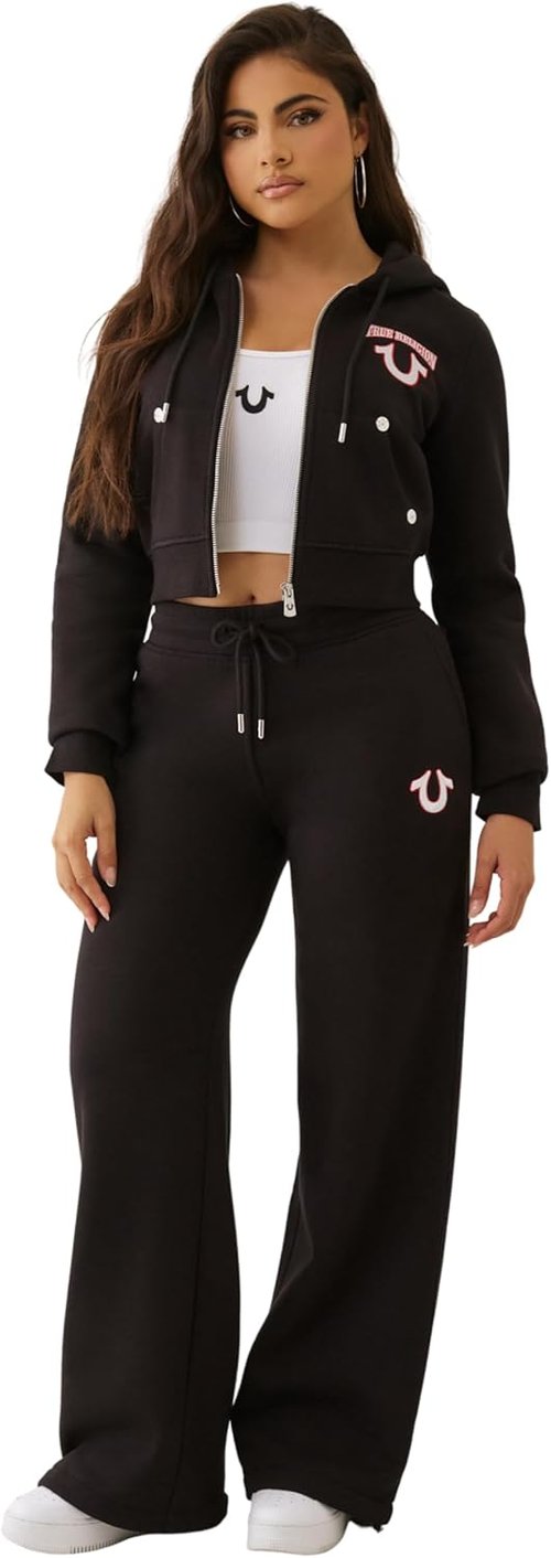 True Religion Women's Cropped Zip Hoodie - Embroidered Full-Zip Sweatshirt with Logo Stitching