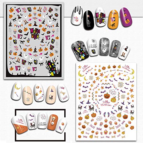 Halloween Nail Decals Stickers - 12 Sheets, Self-Adhesive Nail Art Tips, Pumpkin Bat Ghost Witches