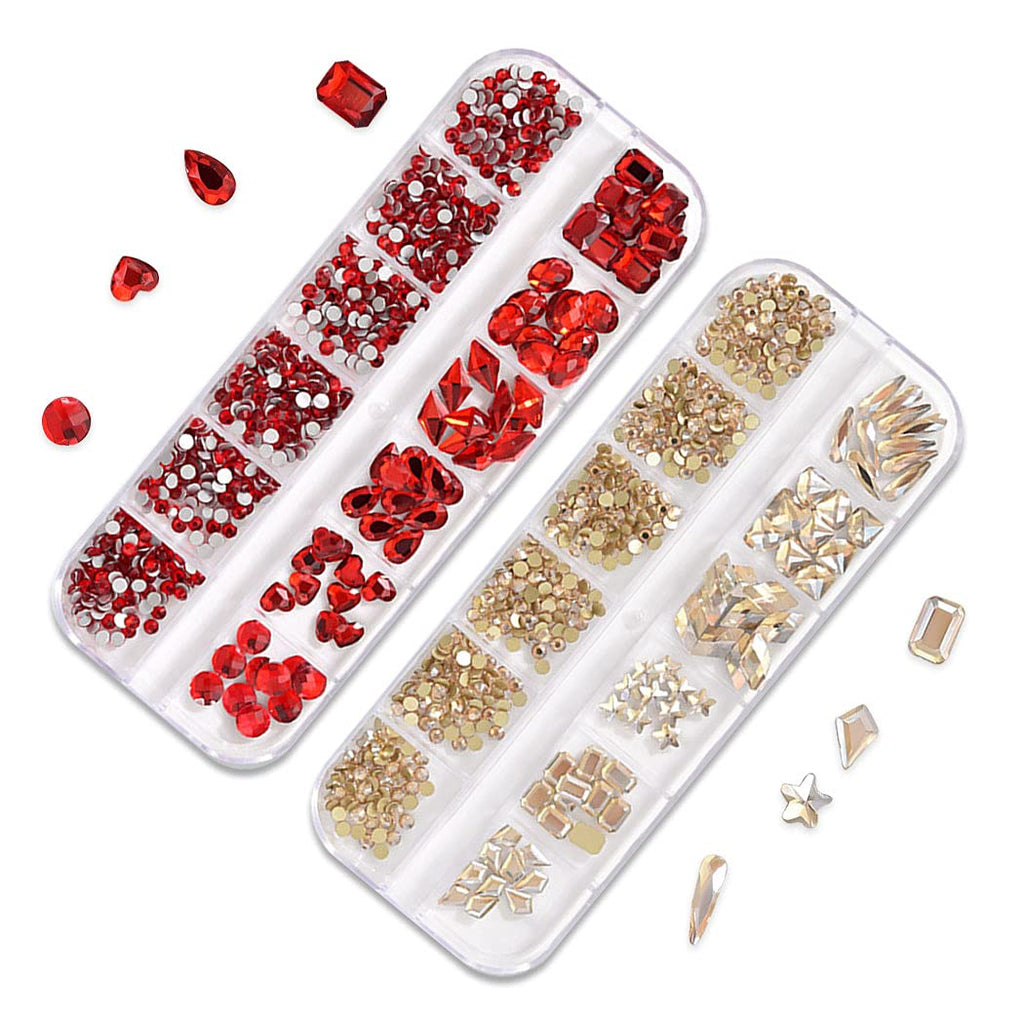 WOKOTO 2 Box Flat Back Champagne And Red Nail Rhinestones And Crystal Set For Acrylic Nails, Fake Nail Diamonds Rhinestones Set With Nail Tweezers And Pencils Kit For Girls Women