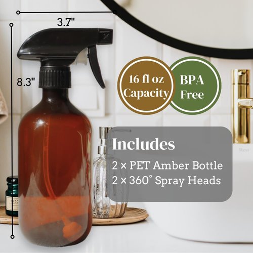 The Green Alcove 360° Spray Bottle 16oz (2 Pack) | Upside Down Spray Bottles | All Purpose Plastic Amber Spray Bottles