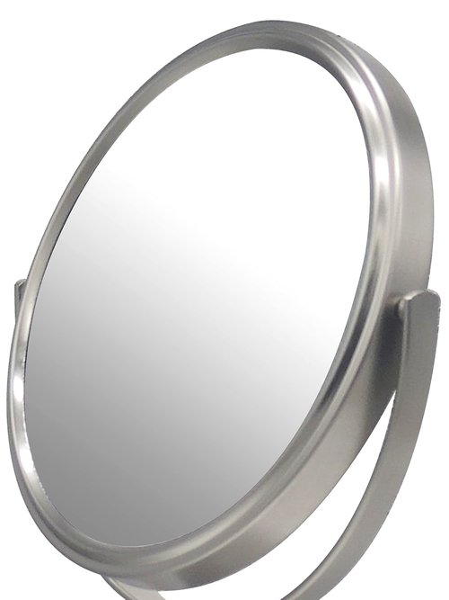 Indecor Home Stainless Steel Tabletop Makeup Vanity Mirror 1X and 3X Magnification Round Swivel Mirror for Desk, Bedroom, Bathroom Brushed Nickel