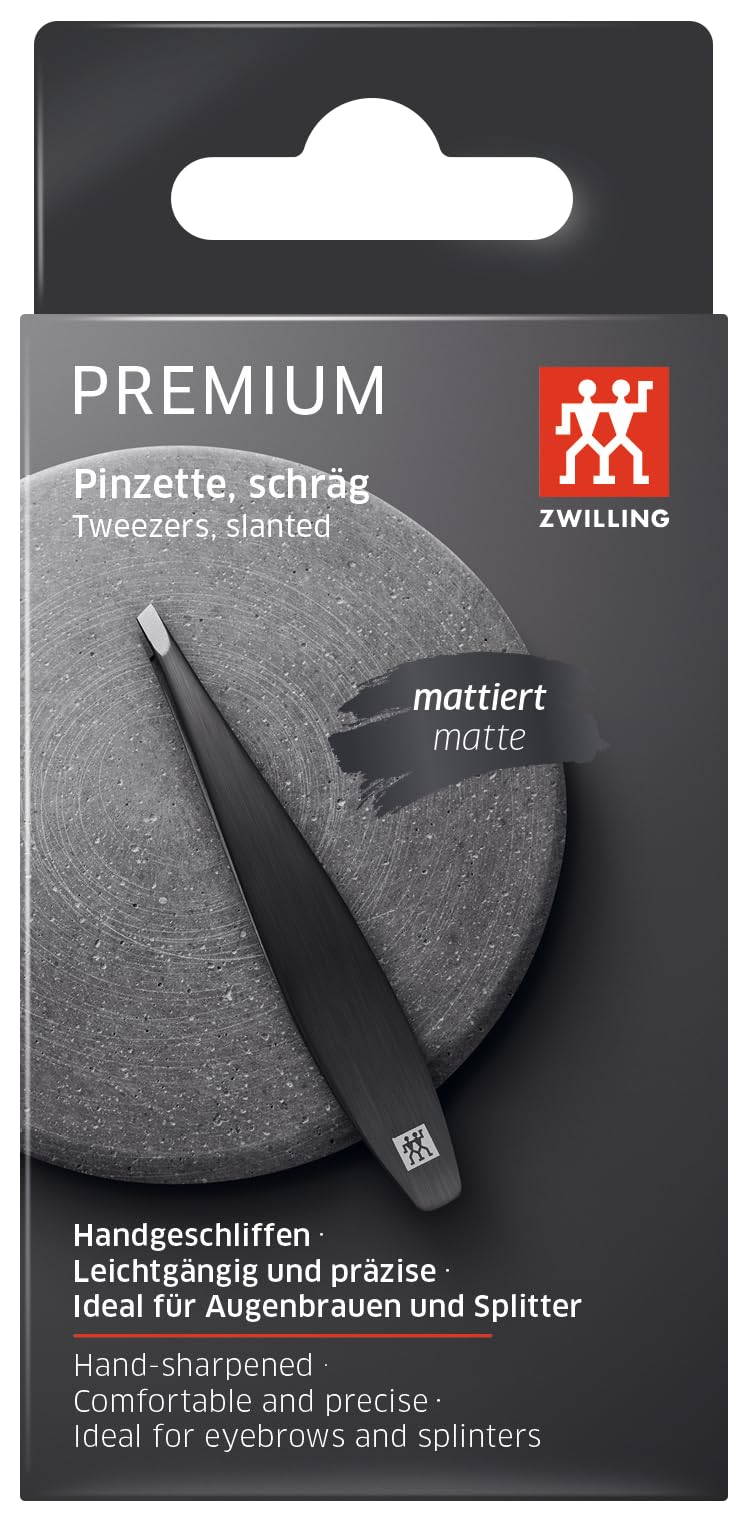 ZWILLING Tweezer (slanted tip, removal of eyebrow hair and splinters, extended handle width, hypoallergenic), Premium, Black, 4 inch