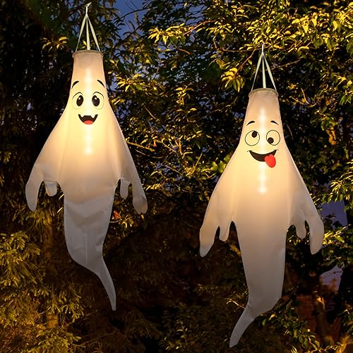 Halloween Ghost Decorations Outdoor Set - 4 Cute Hanging Ghosts with Timer & Waterproof LED Lights - Black+Pink