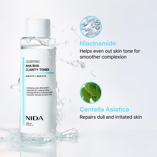 NIDA AHA BHA Clarity Toner | AHA 0.1%, BHA 0.1%, Niacinamide,Centella Asiatica | Exfoliate, Hydrate, Pore Control, Evens Tone | 6.76 fl. oz., 200ml
