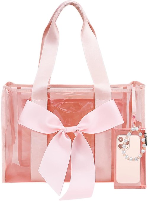 Skiennix Jelly Tote Bag - Stylish Pink Beach Bag with Bow | Large Waterproof Zipper Design