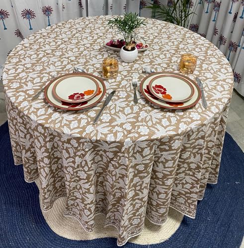 Ridhi Hand Block Print Cotton Round Tablecloth - Oak Brown, 60 Inch