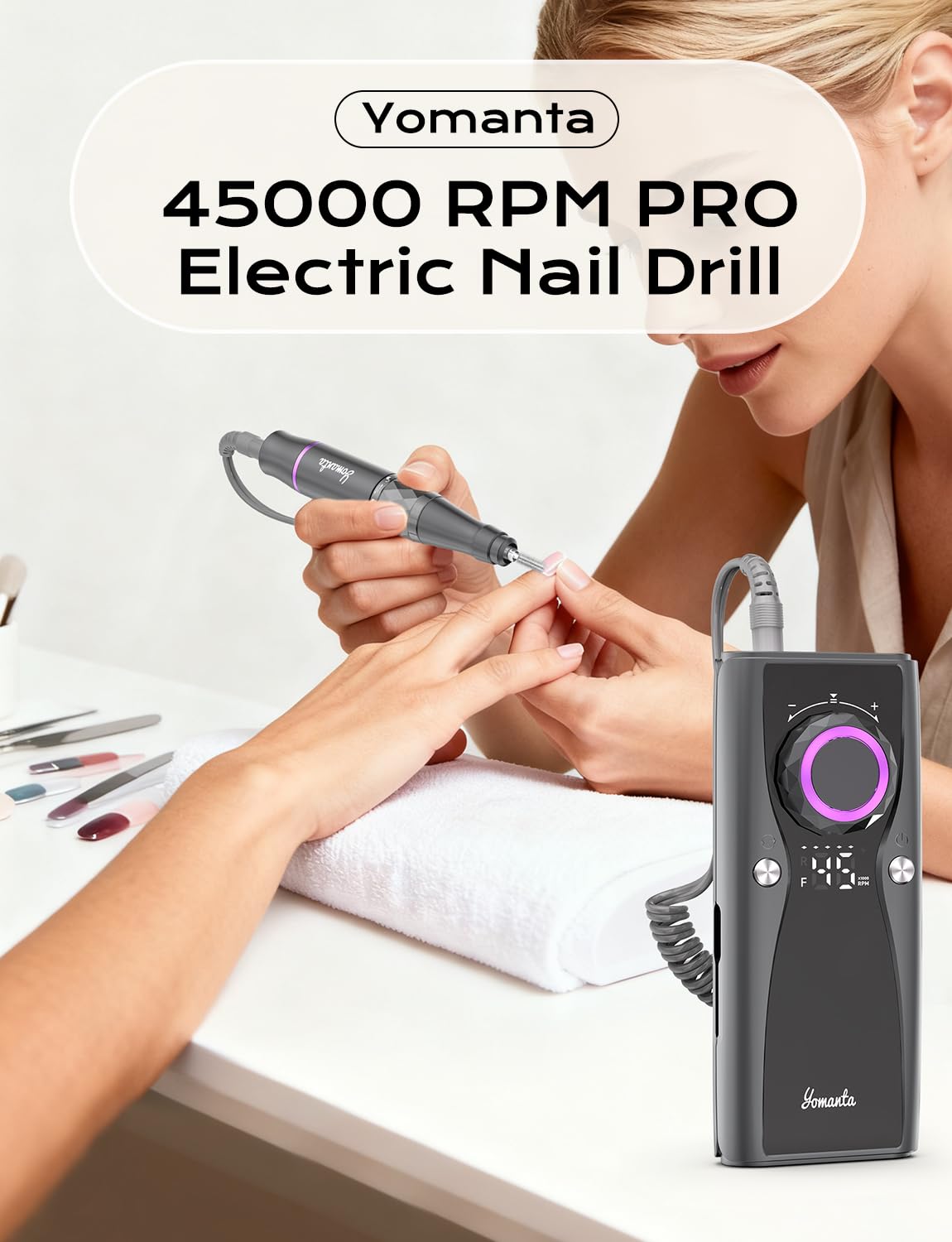 Yomanta Electric Nail Drill Professional Kit: 45,000 RPM USB Rechargeable Efile Nail Drill Nail File with 12 Bits for Polishing Gel/Acrylic Nails- Portable Manicure Tool Set for Salon/Home-Black