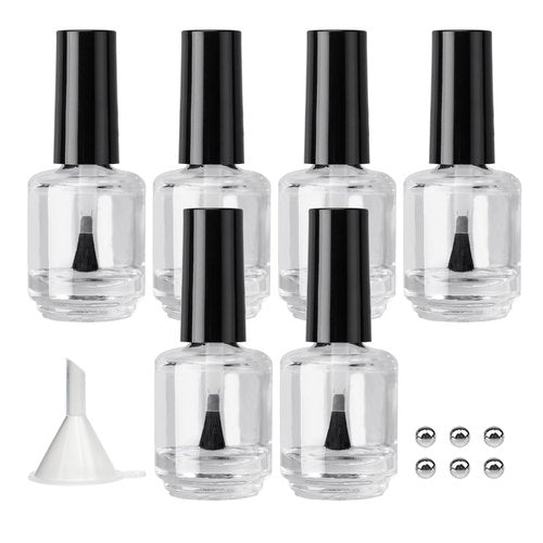 Agidea Empty Nail Polish Bottles with Paddle Brush, 6PCS Empty Glass Clear Refillable Nail Polish Containers Vials with Mixing Balls & Funnels & Black Cap for DIY Nail Art Samples (15ML)