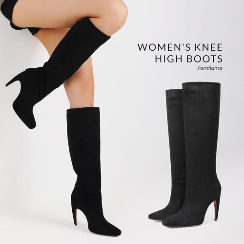 Femflame Knee High Boots - Wide Calf Suede Long Boots with Square Toe & Stiletto Heel