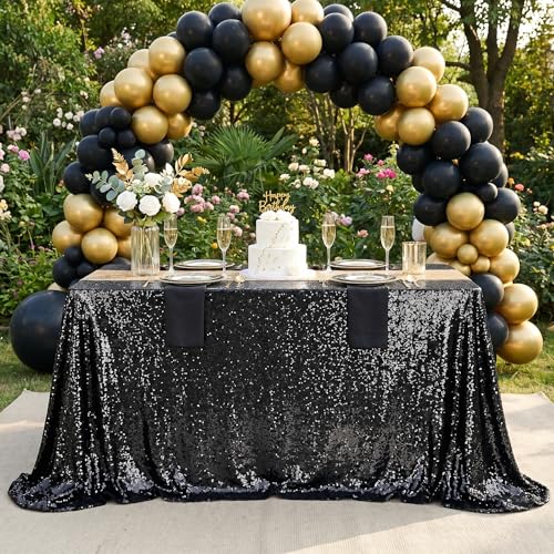 Black Sequin Tablecloth 90x132 Inch for Party & Wedding Decor - Glitter Linen
