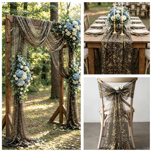 Black Gold Glitter Gauze Table Runner 120 Inch Metallic Sheer Decor - Variation: Black Gold