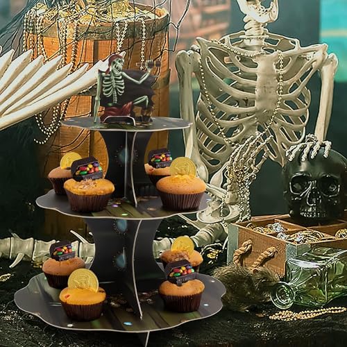 Halloween Pirate Skull Cupcake Stand 3-Tier Dessert Display for Themed Parties