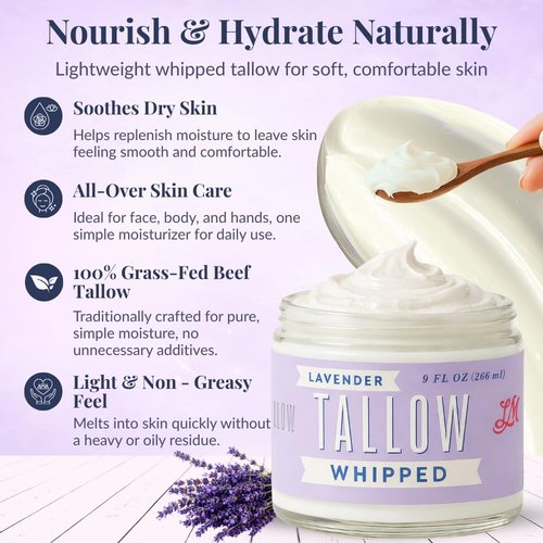 Lady May Tallow Whipped Tallow 9oz - All Natural Face Cream + Whole Body Moisturizer for Dry Skin - Made With Scented Oil Blend - No Preservatives, Parabens or Seed Oils - USA Made (Lavender)