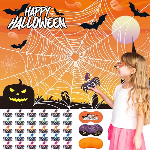 Halloween Spider Pin The Web Game Set for Kids - 30 Reusable Stickers & Web Poster