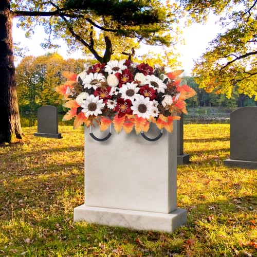 Fall Artificial Cemetery Flowers Headstone Flower Saddle - White & Saddle