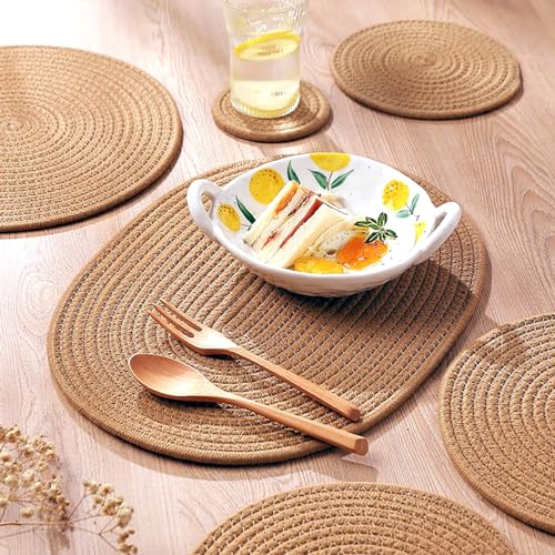 Khaki Jute Woven Oval Placemats Set of 6 - Heat Resistant Farmhouse Table Mats