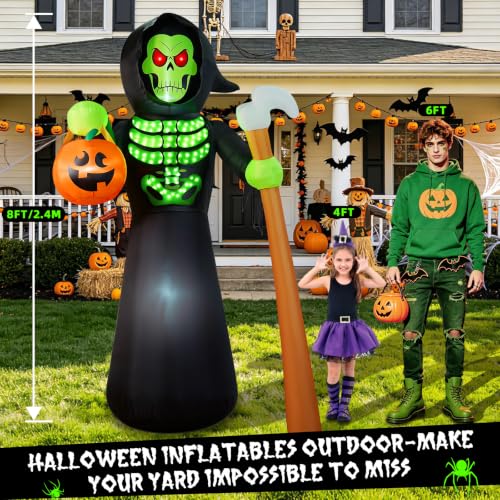 8FT Tall Halloween Inflatable Grim Reaper Skeleton Ghost with Lightshow - Waterproof Yard Decoration