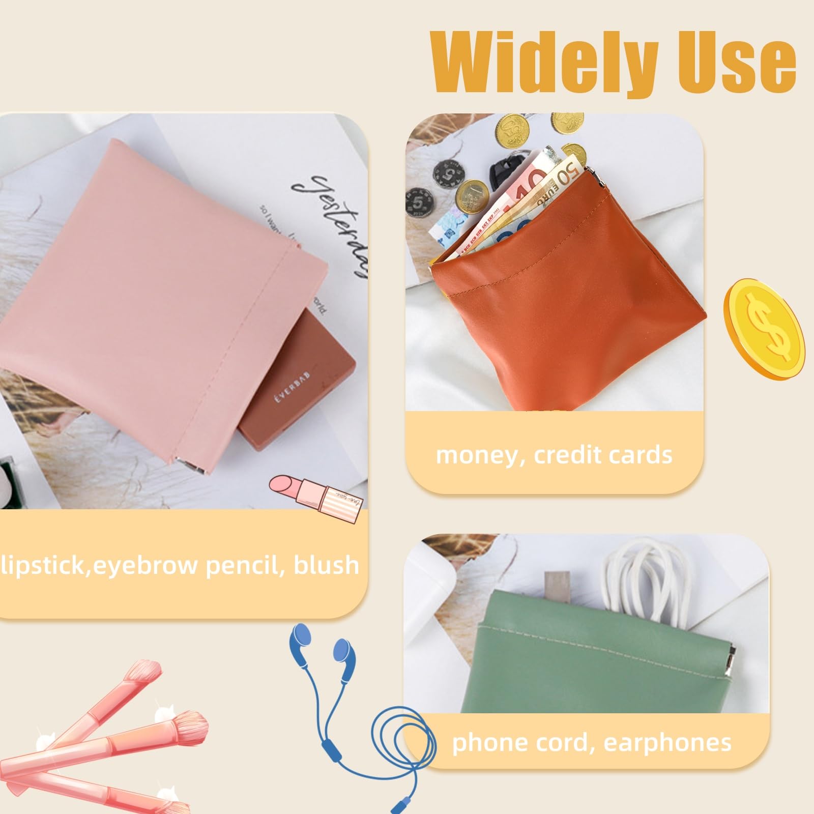 WRINGKIT 18 Pcs Snap Closure Pouches, Small 4.7 Inch Squeeze Coin Purse Pouch, Waterproof Portable Mini Makeup Bag, No Zipper Self-Closing Pocket Cosmetic Bag for Women Jewelry Lipstick Headphones