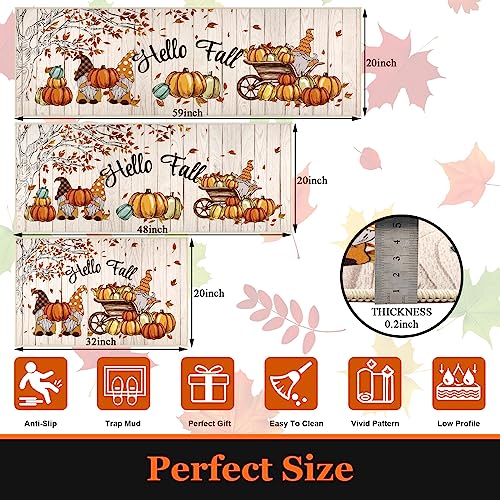 Hello Fall Kitchen Rug Set with Runner - 3 Piece Washable Harvest Gnome Pumpkin Leaves
