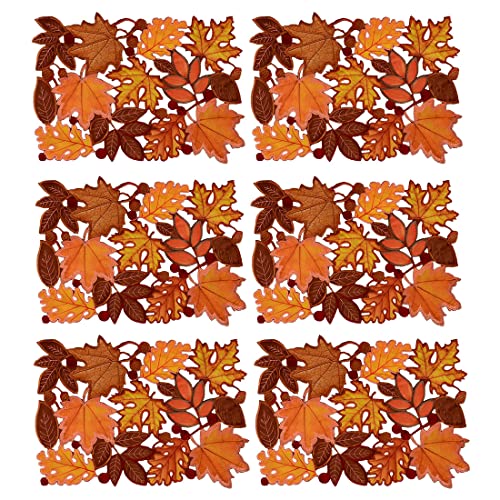 Set of 6 Embroidered Leaf Table Place Mats - Fall Thanksgiving Decor 14x20