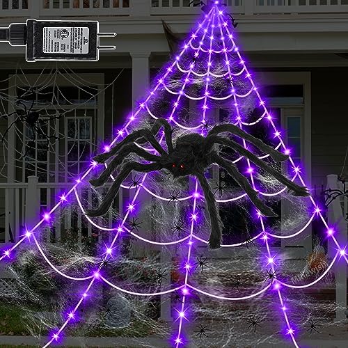Halloween Spider Web Lights Outdoor Set with Purple LED, Black Spider & Web - 16.4Ft, 8 Modes, Large Spider & Cobwebs, Variation: Black Spider & White Webs