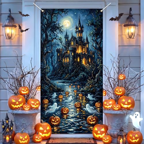 Halloween Door Cover Decorations - Spooky Pumpkin & Ghost Banner 35.5x72 Inch