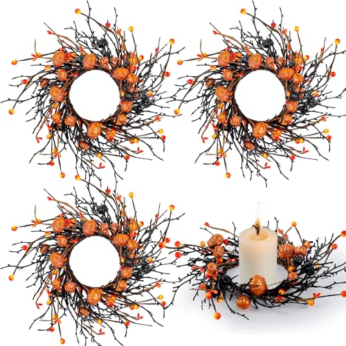 Halloween Candle Rings Set - 4 Tapered Fall Berry Pumpkin Wreaths with Variation 4