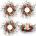 Halloween Candle Rings Set - 4 Tapered Fall Berry Pumpkin Wreaths with Variation 4
