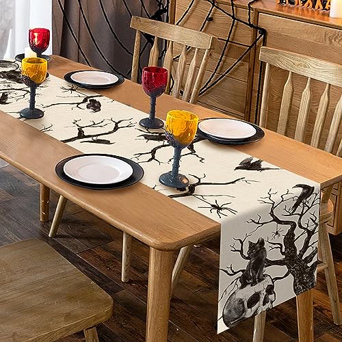Halloween Table Runner 13x72 Inch Gothic Skull Black Cat Crow Silhouette Tree Decor