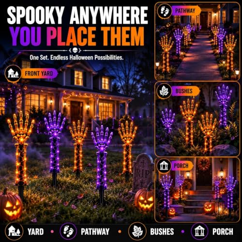 Solar Powered Halloween Skeleton Hand Pathway Lights - Purple & Orange 5 Pack Outdoor Yard Decor
