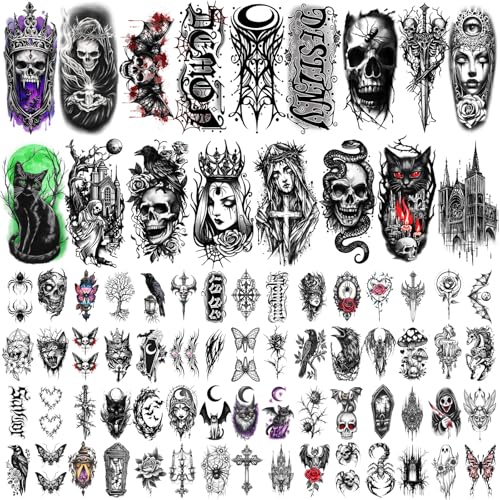 Gothic Temporary Tattoos Set - Mystery Spider Skull Designs for Adults Teens, Waterproof, 77 Sheets, Grey Variation