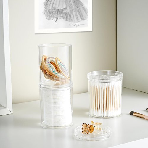 SheeChung 6-Pack Clear Stackable Qtip Holder Dispenser - Mixed (10oz & 12oz) Apothecary Jars with Storage Lids - Whole Home Bathroom Organization Set for Cotton Swabs, Balls, Pads